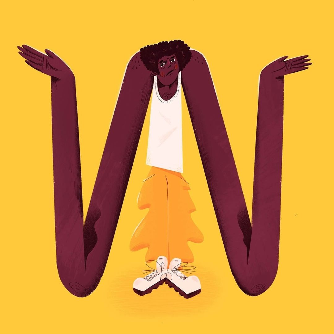 Illustration of an androgynous person with long arms forming a W shape, posing with an expression of uncertainty against a gold background.