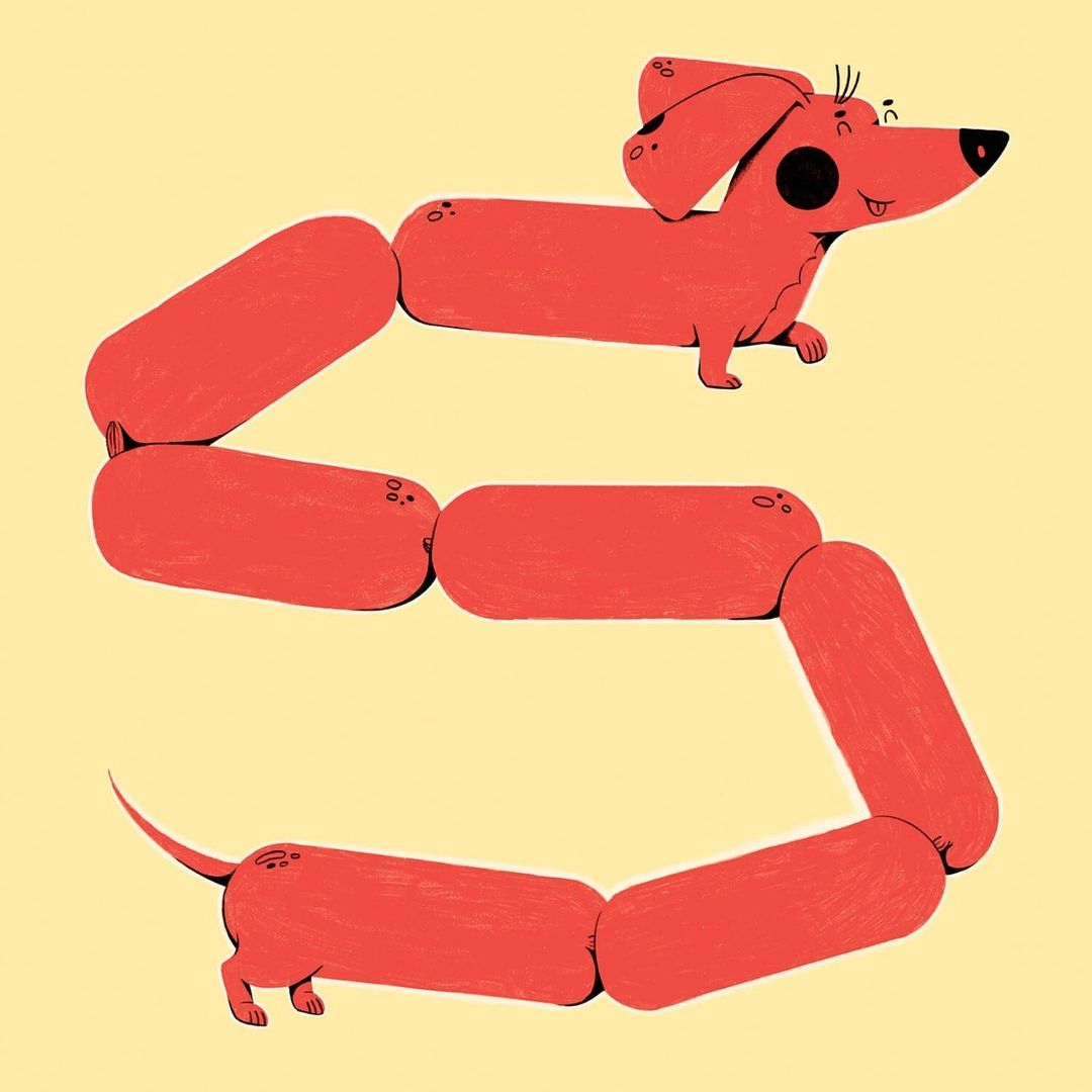 Illustration of a dachshund depicted as a string of sausages against a pale yellow background. Humorous visual for kids and family.