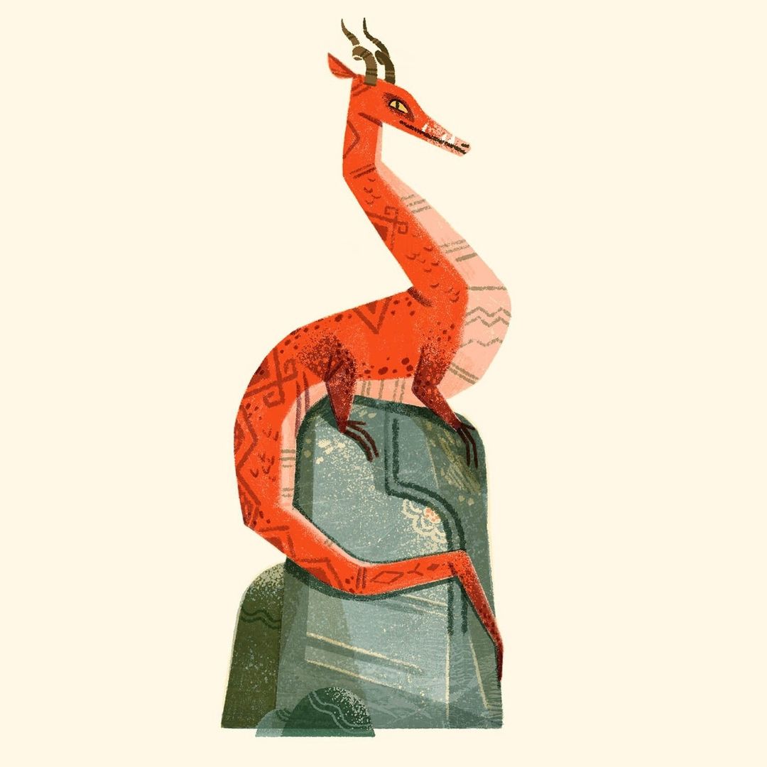 Illustration of an orange dragon-like creature with antlers standing atop a teal and green stone against a cream-colored backdrop.