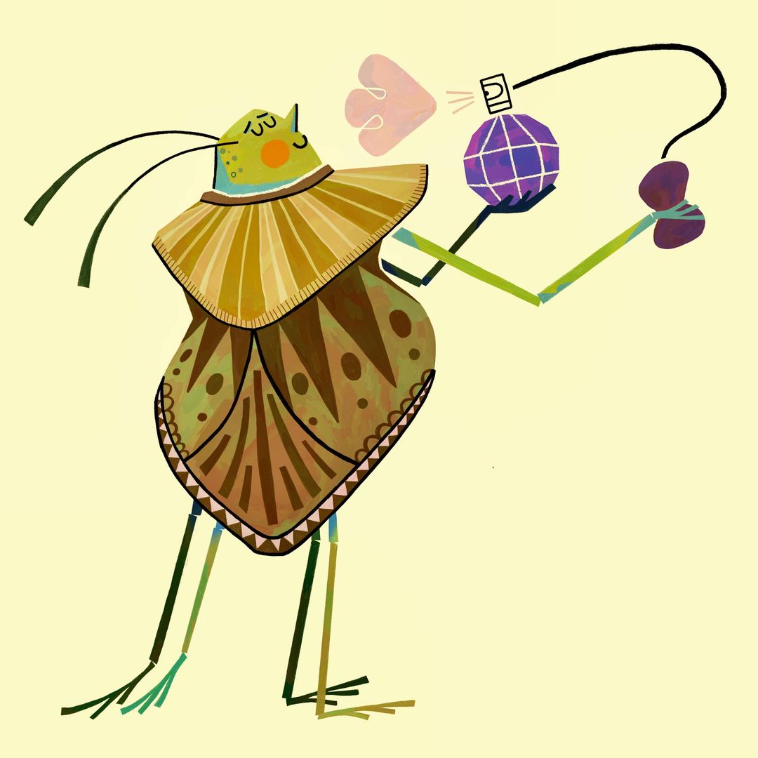 Whimsical illustration featuring a green insect-like humanoid character spraying perfume from a purple bottle with yellow background.
