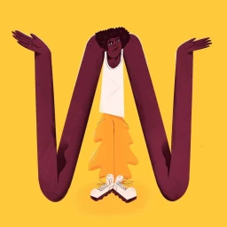 Illustration of a Black man with exaggerated long dark arms forming a W shape wearing a white tank top and yellow trousers against a yellow background