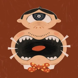 Digital illustration of a cyclops character with a single eye, open mouth, and orange dotted bowtie on a textured brown background.