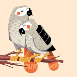 Digital illustration of two grey African parrots perched on a brown branch against a pale cream background.