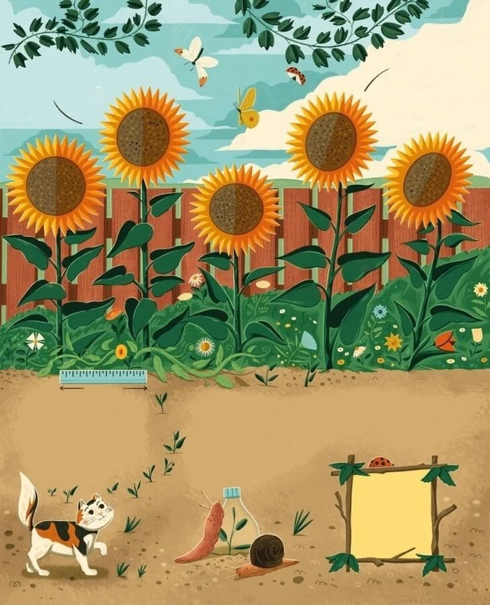 Digital illustration by Teo Georgiev of a garden scene with giant sunflowers, flying butterflies, a small calico cat, and a snail.