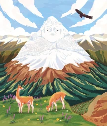Illustration of a snow-capped mountain shaped like a face with two llamas grazing in a green meadow below and a bird flying overhead