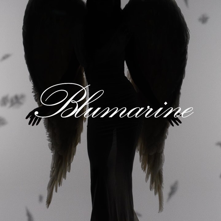 Fashion shot featuring a silhouetted figure with angel wings and the text "Blumarine" in white script. Soft grey gradient backdrop.