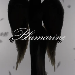Silhouette of a figure with large feathered wings against a bright background with floating debris, featuring the Blumarine logo.