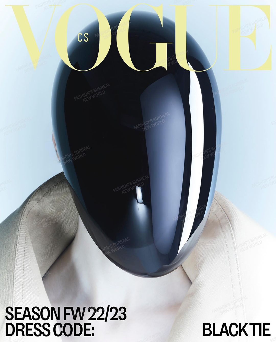 Vogue magazine cover featuring a person wearing a black full-face mask, accessorized with a light-colored jacket, against a light blue backdrop.