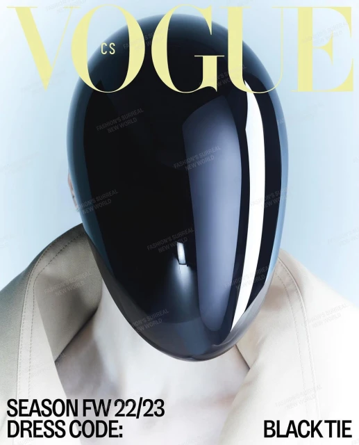 Vogue magazine cover featuring a person wearing a black full-face mask, accessorized with a light-colored jacket, against a light blue backdrop.