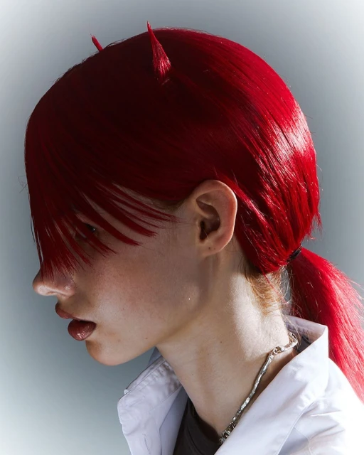 Side view studio shot of a light-skinned adult woman with a ponytail, wearing a white collar shirt and silver necklace with red hair and devil horns.