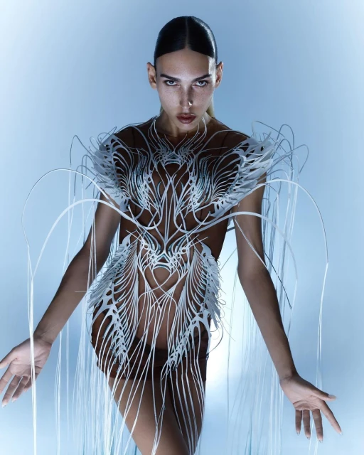 Elegant, artistic fashion portrait of a slender person posing in a white, sculptural dress with outstretched arms against a gradient blue background.