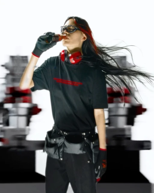 An adult woman drinking from a bottle, with headphones around her neck, wearing a black t-shirt, black gloves, and a tool belt.