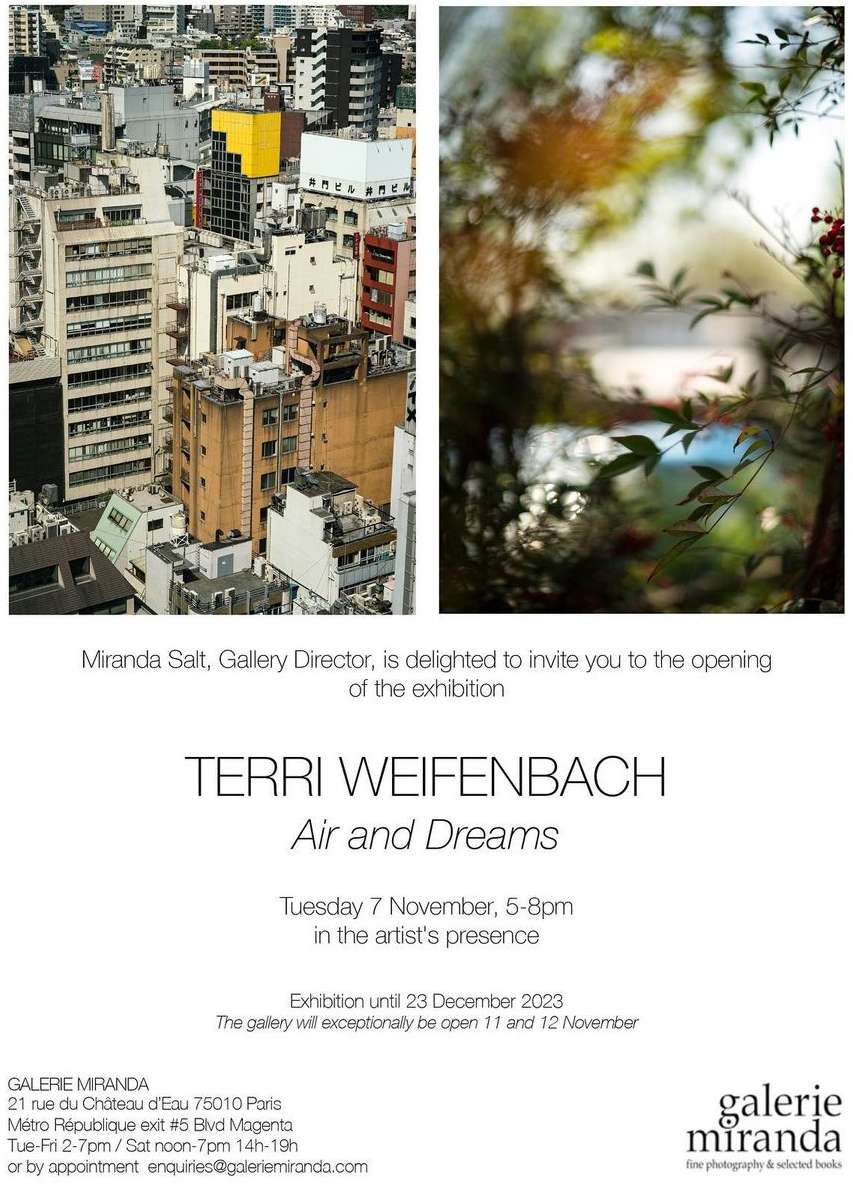 An exhibition poster showcases a cityscape alongside a nature scene, advertising Terri Weifenbach's 'Air and Dreams' gallery show.