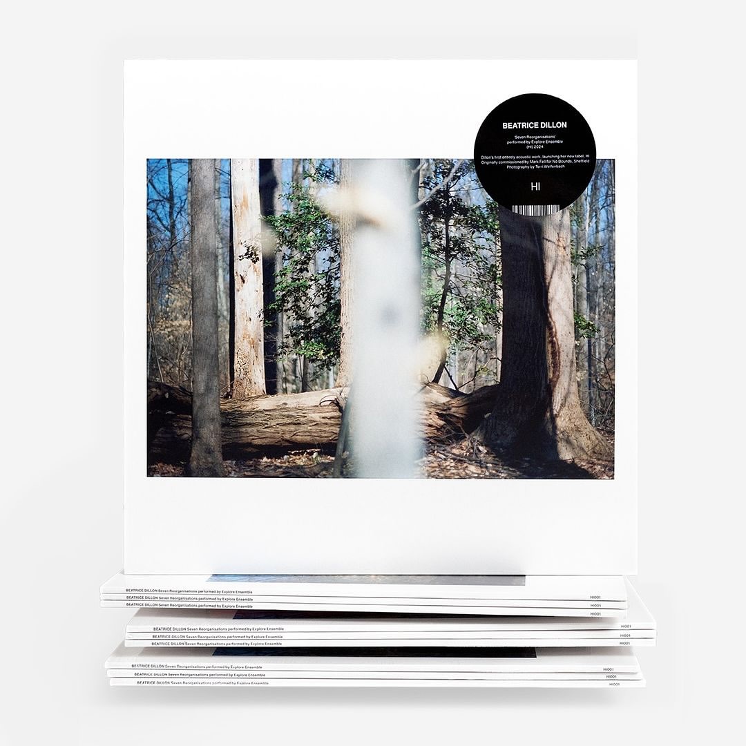 Beatrich Dillon record cover featuring a forest scene with tall trees and fallen logs on a white background and minimalist design.
