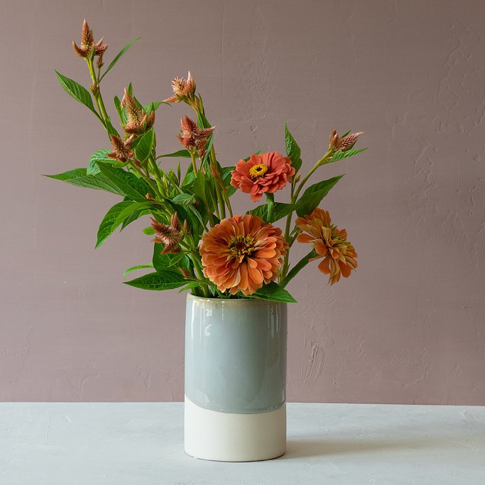 Floral still life photography featuring an orange zinnia arrangement with green leaves in a light blue and white vase against a muted mauve backdrop.