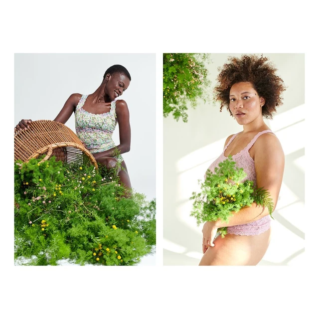 Two women pose with an abundance of vibrant green ferns and tiny yellow flowers in a split-screen composition against a bright background.