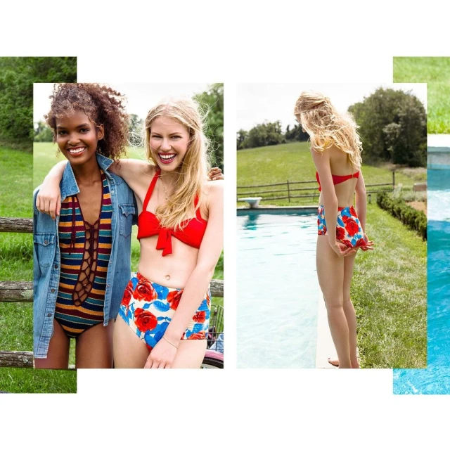 Two women pose in swimsuits outdoors. One woman stands near a pool in a red bikini and floral bottoms in a bright outdoor setting.