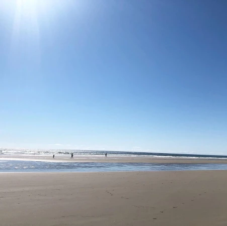 Wide angle shot of a expansive sandy beach and ocean under a bright blue sky with a few distant figures walking.