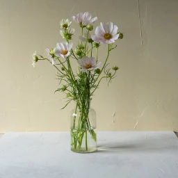 Delicate pale pink cosmos flowers in a clear glass vase standing on a white surface against a plain neutral wall.