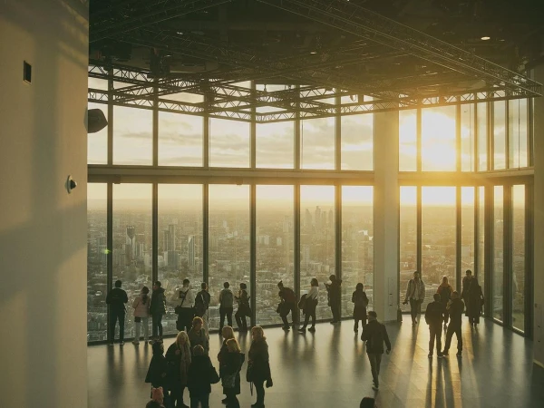 Elevated view of a group of people gathered in a modern building with floor-to-ceiling windows overlooking a cityscape during daytime.