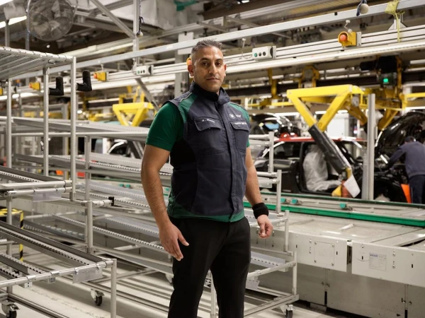 A man in a work vest stands confidently in a factory setting with visible equipment, showcasing industrial environment and focus on automotive manufacturing.
