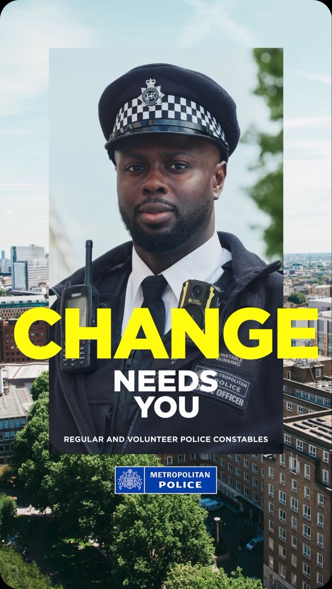 Recruitment ad featuring a black male police officer in uniform against an urban background, promoting regular and volunteer police constables.