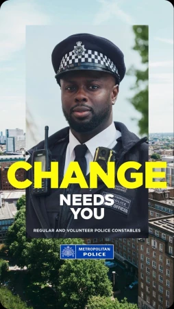 Recruitment ad featuring a black male police officer in uniform against an urban background, promoting regular and volunteer police constables.