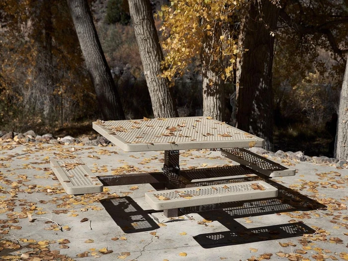 Perforated metal picnic table and benches scattered with fallen yellow autumn leaves in a woodland clearing.