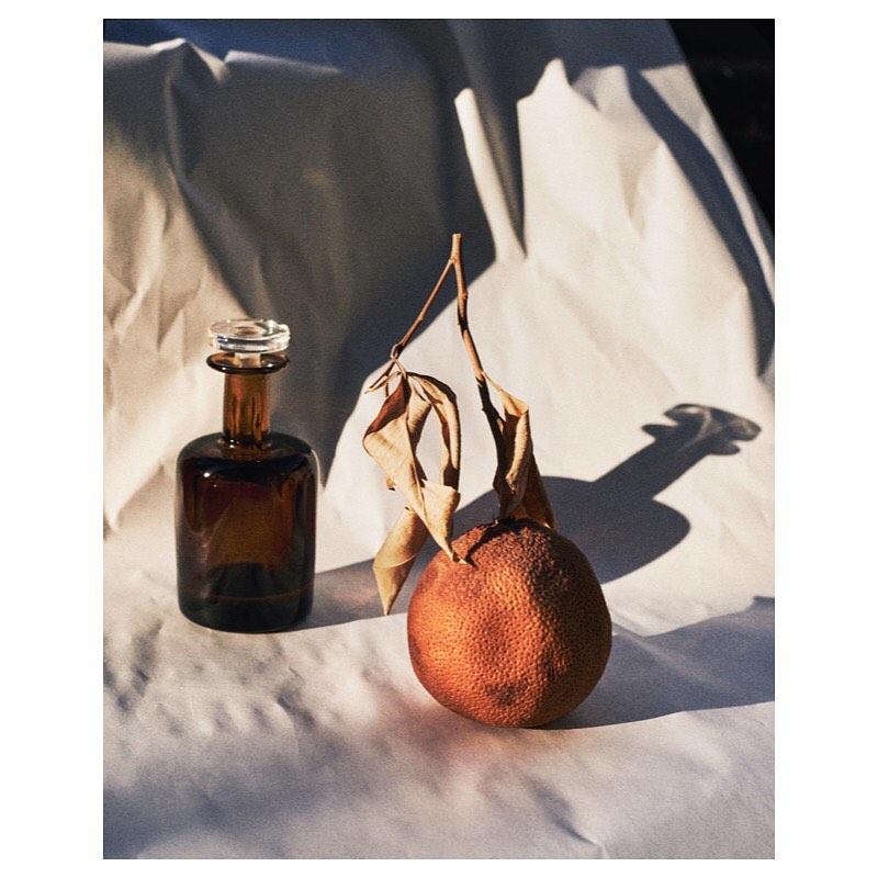 Still life photograph featuring a brown glass bottle, a withered orange with leaves, and shadows cast on a rumpled white backdrop.