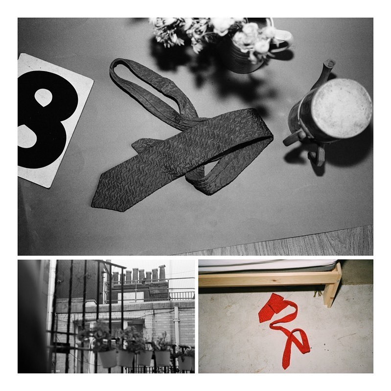 Still life in monochrome featuring a tie, card with the number eight, flowers in a vase, and a small pot on a colored surface.