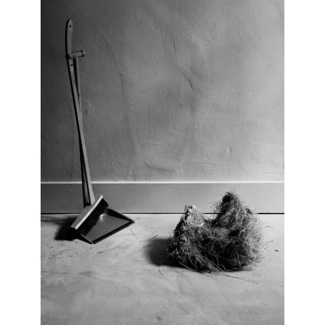 Monochrome still life with a dustpan and brush leaning against a wall, next to a pile of swept-up debris on a gray floor.