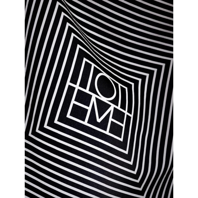 Abstract geometric pattern of concentric white squares and line stripes on a black background creating an optical illusion.