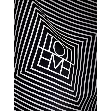 Abstract geometric pattern of concentric white squares and line stripes on a black background creating an optical illusion.