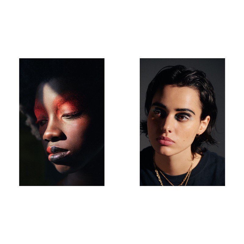 Two portraits showcasing dramatic makeup: a dark-skinned woman with red eyeshadow and black lips, and a light-skinned woman with dark eyeshadow.