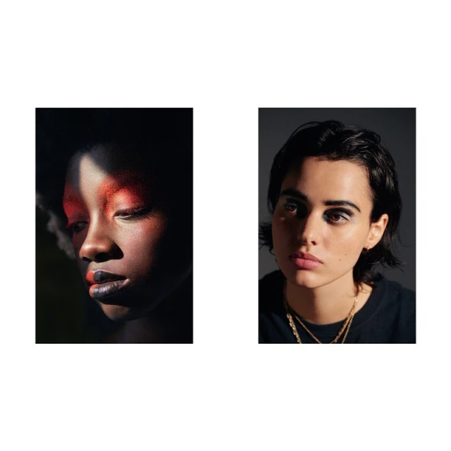 Two portraits showcasing dramatic makeup: a dark-skinned woman with red eyeshadow and black lips, and a light-skinned woman with dark eyeshadow.