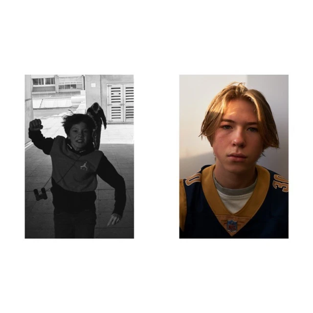 Black and white photo montage featuring a child running in a corridor, juxtaposed with a portrait of a blonde teen in a sports jersey.