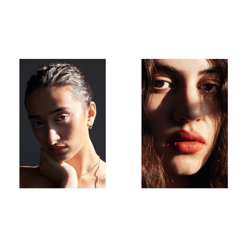 Diptych portrait showing close-ups of two women with natural lighting and warm red lipstick against a dark background.