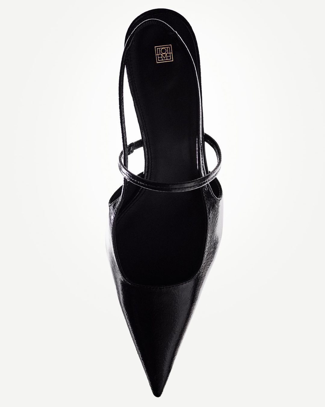 High angle studio shot of a single black leather pointed-toe slingback heel against a white background, showing the shoe's shape and straps.