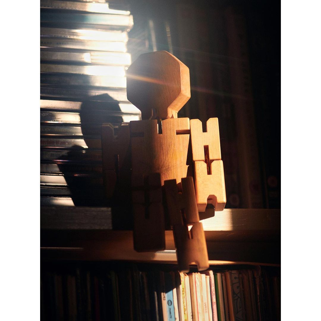 Wooden mannequin figure on a shelf with books and strong, directional lighting creating a high-contrast image and deep shadows.
