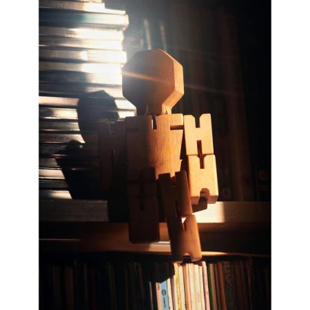 Wooden mannequin figure on a shelf with books and strong, directional lighting creating a high-contrast image and deep shadows.