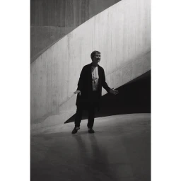 Monochrome portrait of a smiling woman standing against angled concrete walls with dramatic lighting by Tex Bishop
