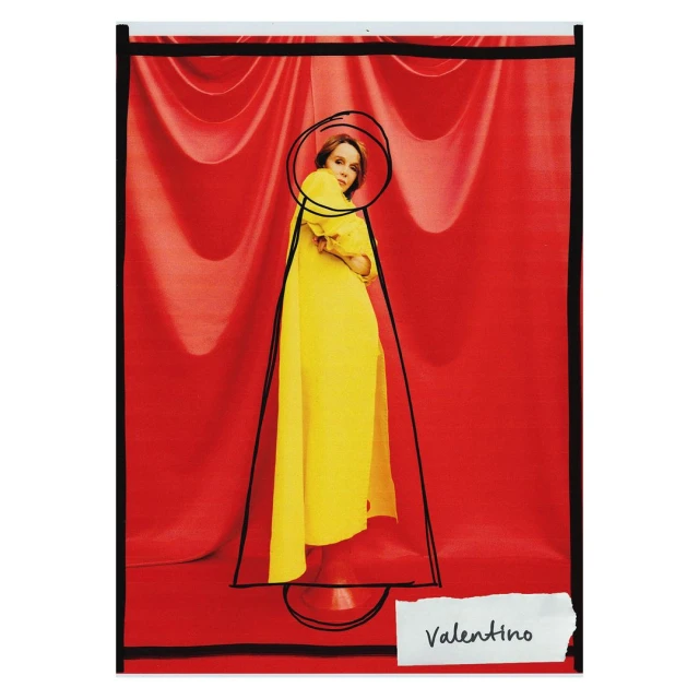 Fashion shot of a woman in a yellow dress against a red backdrop, with black abstract doodle art framing the subject.