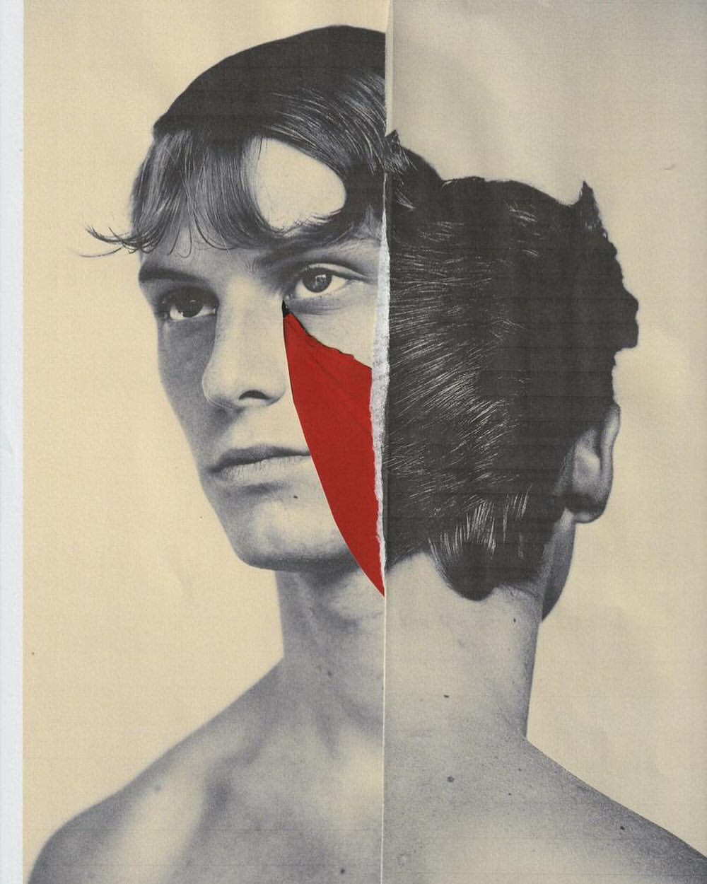 Monochrome collage of a young man with a red paper tear and textured background, showcasing a unique blend of portraiture and abstract design.