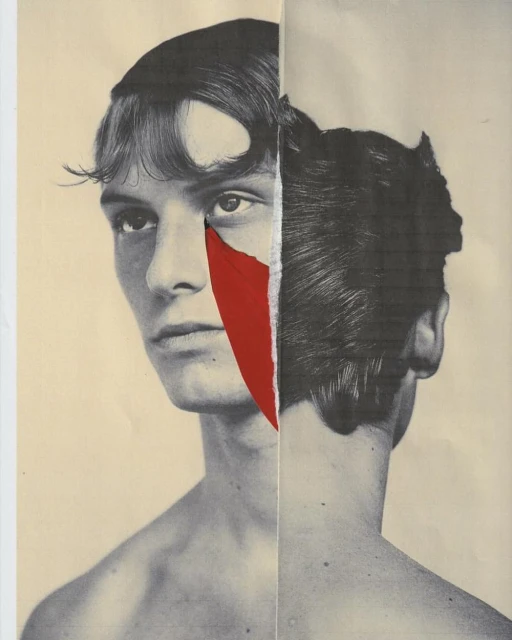 Monochrome collage of a young man with a red paper tear and textured background, showcasing a unique blend of portraiture and abstract design.