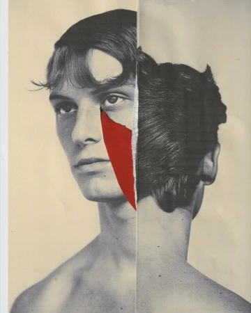 Monochrome collage of a young man with a red paper tear and textured background, showcasing a unique blend of portraiture and abstract design.