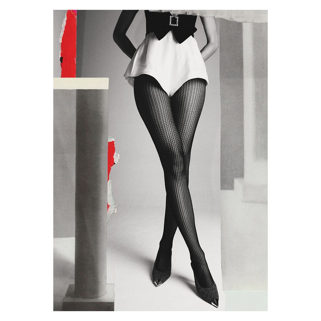 Fashion collage featuring a model in black and white with a black top, white shorts, textured tights, and black pointed-toe heels.