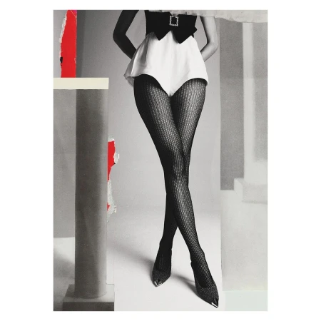 Fashion collage featuring a model in black and white with a black top, white shorts, textured tights, and black pointed-toe heels.