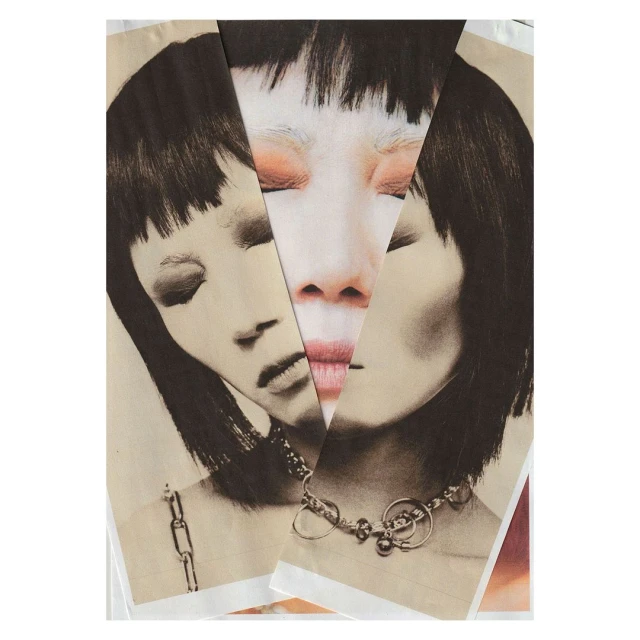 Collage of an adult female's face in neutral tones with a modern geometric necklace, artful and conceptual in style, and closed eyes.