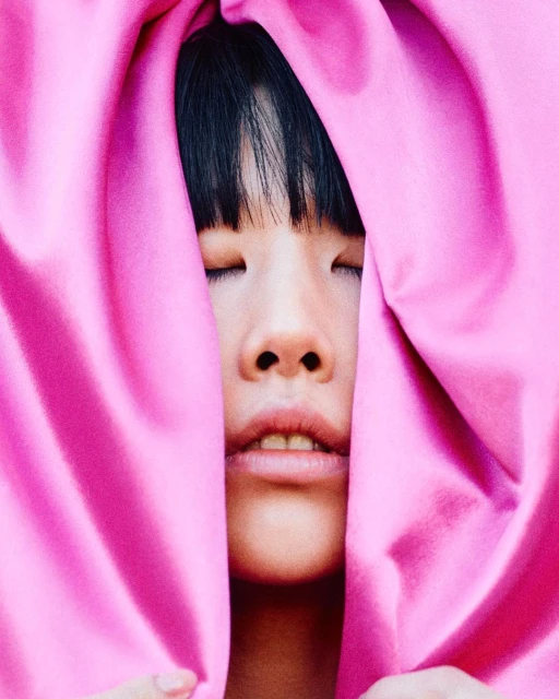 Close-up portrait of a young adult with closed eyes, framed by draped pink fabric, creating a soft and intimate aesthetic.