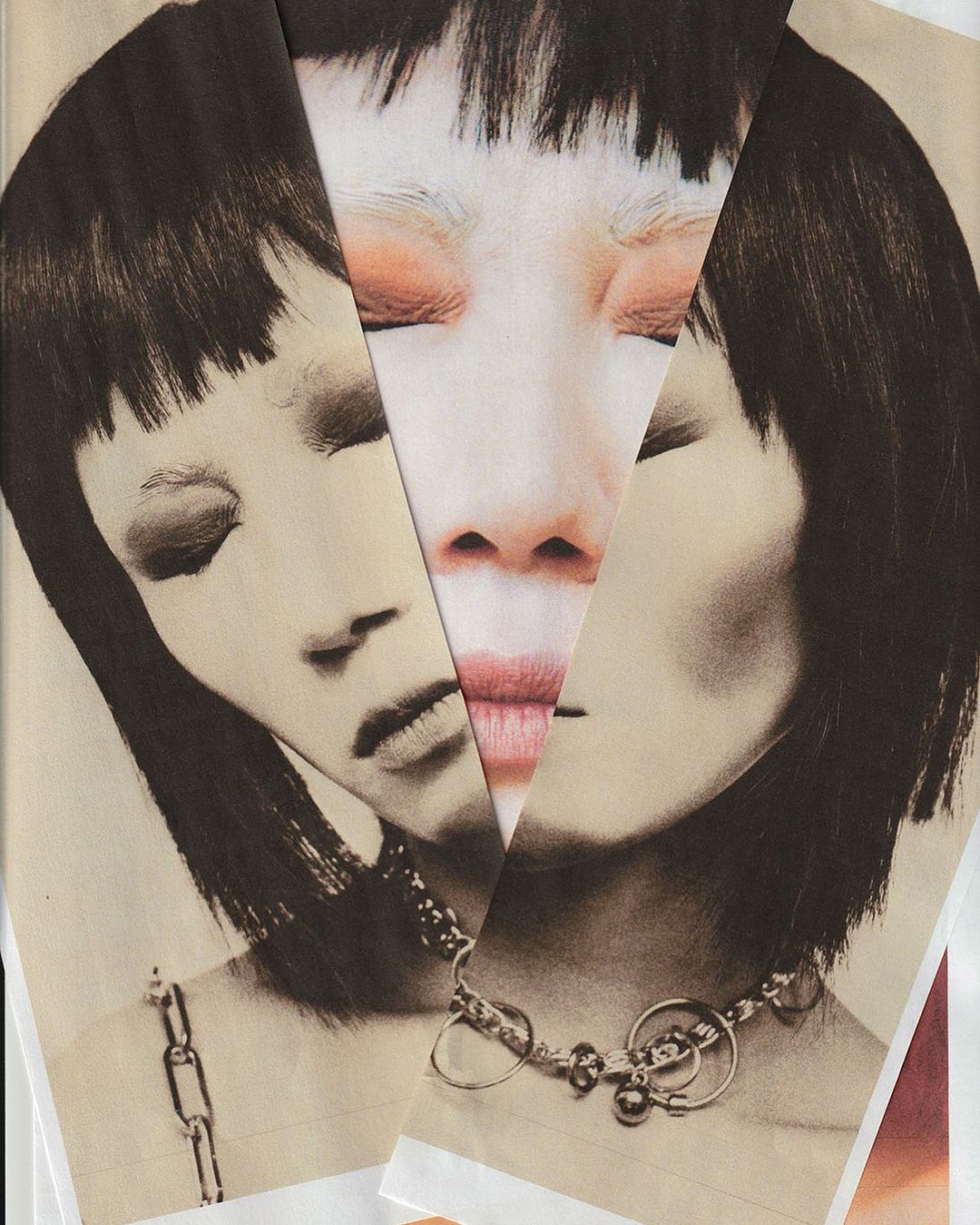 Collage of a woman's face in sepia tones with a fair-skinned triangle in the center and a silver ball-chain necklace.